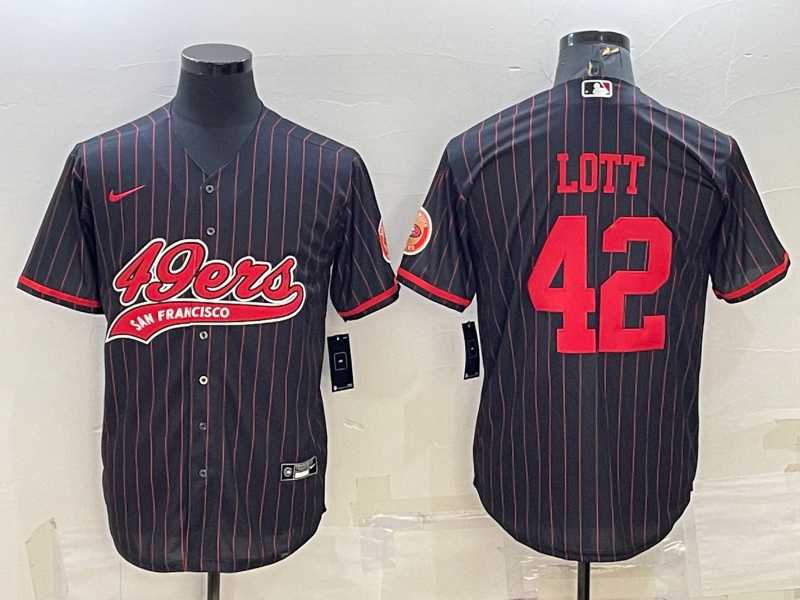 Men%27s San Francisco 49ers #42 Ronnie Lott Black Pinstripe With Patch Cool Base Stitched Baseball Jersey->san francisco 49ers->NFL Jersey